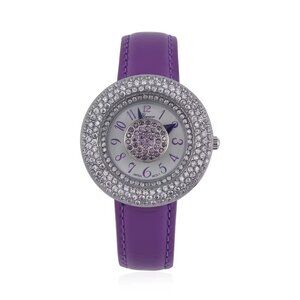 Stunning Purple & White Simulated Diamond Watch in Silvertone with Leather Strap